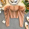 Sexy Rhinestone Women Organza Tops Puff sleeve Round neck Female Blouse Luxury Court style Crop tops Shirt Spring INKEO 9T058 240117