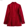 Ternos femininos blazers traf vermelho moda blazer para mulheres vintage veludo único botão cabido blazer senhoras elegante escritório casual manga longa jaquetasl240118