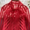 Women's Blouses Shirts New Spring Women's Sexy Perspective Red Striped Organza Blouses Office Lady Lace-up Bow Mesh Blusas Tops Long Sleeve Black Shirt YQ240118