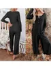 Kvinnors sömnkläder tröja jumpsuit för kvinnor långärmad våffla stickad knapp bred ben byxor romper overaller moderskap bodysuit med fickor