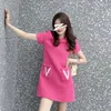 Casual Dresses Summer Women's Tweed Round Neck Straight Tube Pink Chic Slim Party Dress Sweet