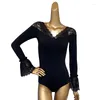 Stage Wear Latin Dance Tops Black Lace V Neck Long Sleeves Leotard Women Practice Clothing Rumba Clothes Cha Shirt DNV19194