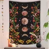 Tapissries Moon Tapestry Wall Hanging Boho Moonlit Plants Garden Starry Night Carpet Black Bakgrund Floral DecorvaiduryD