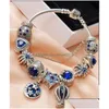 Charmearmbanden Sier Blue Charm Bead Fit Europese armbanden voor vrouwen Feather Moon Stars Balloon Crystal Beads Chain Mode-sieraden Dhymf