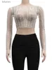 Blouses Femmes Chemises RLMABABY Sexy See Through Diamond Pearl Femmes Chemisier Court Chemises Été O Cou À Manches Longues Street Hottie Girl Mesh Crop Top YQ240118