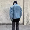 Retro konvex sköldpaddsskal denimjacka män hiphop rippade hål lösa hajuku bombplan rockar beskurna gata höst jeans outwear 240117