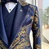 Kwiatowy Jacquard Tuxedo garnitury dla mężczyzn Wedding Slim Fit Blue and Gold Gentleman Kurtka z kamizelką 3 -częściową męską kostium 240117