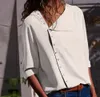 Moda botão irregular gola oblíqua blusa de manga comprida camisa feminina S-2XLpretoverdecinzaamarelorosabrancoazul 240117