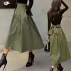 Spódnice wojskowe zielone kobiety 2024 Summer moda solidna elegancka spódnica długa jesień dziki łuk w talii szczupły
