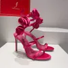 2024 Rene Caovilla Rose Flower Sandals Satin Snake Strass Stiletto Heels Women’s High Cheeled Luxury Writing WrapaRound Shoes with Box