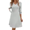 Casual Dresses Women V-Neck Dress Thick Warm A-Line Stylish Ribbed Sticked Mini för långärmad höst/vinter