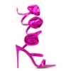 2024 Rene Caovilla Rose Flower Sandals Satin Snake Strass Stiletto Heels Women’s High Cheeled Luxury Writing WrapaRound Shoes with Box