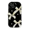 Cas de téléphone portable Coréen mignon 3D ruban arc perle étui créatif pour iPhone 14 13 12 11 Pro Max X XR Wavey lentille de protection souple noir TPU couverture J240118