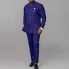 Männer Anzüge Für Hochzeit Stehkragen Plaid Langarm Hemd Hosen Afrikanische Ethnische Business 2 Stück Sets Mann Kleidung Outfits tragen 240117