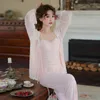 Mulheres sleepwear mulheres rendas bustier camisa calças sexy modal loungewear fada cor sólida nightwear primavera outono malha três peças conjuntos