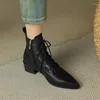 Boots 2024 Autumn/winter Genuine Leather Women Pointed Toe Chunky Heels For Versatile Lace Short Knight