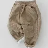 Trousers 2023 Winter New Baby Corduroy Plus Velvet Toddler Girl Harem Pants Infant Boys Warm Fleece Casual Clothes H240508