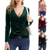 Camisas femininas de veludo de ouro boate magro t-shirts moda elegante sexy com decote em v manga longa irregular vestido de comprimento médio primavera outono