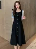 Qweek 한국 스타일의 검은 드레스 여성 빈티지 스퀘어 칼라 긴 소매 미디 드레스 KPOP 패션 가을 로브 여성 240117