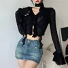 Femmes dentelle Blouses Y2k haut court Sexy gothique GrungeFemale chemises élégant noir Transparent Cardigan coréen Streetwear 240117