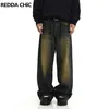 Reddachic Plus Size Green Wash Jeans Men AdcustWaist Wide Leg Casual PantsヴィンテージY2Kズボンバイカーモトストリートウェア240117