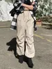 レディースパンツ最新の女性バギー貨物プリーツドローストリングウエストバンドソリッドカラーパラシュートスポーツポケットとポケットの広い脚