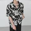 Men's Casual Shirts Korean Ink Painting Dark Black Shirt High Street Turn Down Collar Long Sleeve Blouse Spring 2024 Trendy Loose Tops