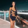 Casual Dresses Women Mesh See Through Patchwork Dress Translucent Inclined Shoulder Sleeveless Halter Mini Bodycon Daring Sexy Short