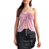 Débardeurs pour femmes Femmes Sheer Lace Frill Bustier Tube Top Off Épaule Twist Front Split Hem Bandeau Mesh Patchwork Sortant Corset