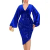 Robes décontractées Velvet Paillettes Robe Femmes Col V Mode Wrap Hip Robe à manches longues Sexy Femme Party Anniversaire Outfit Robes Elegante