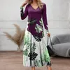 Casual Dresses V-Neck Dress Leaf Print V Neck Maxi A-Line Color Matching Soft Breattable Pullover For Women Ankle Length Spring Fall