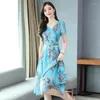 Party Dresses 2024 Spring Style midja Slimming Mode: V-ringklänning Kvinnor Chiffon Western Temperament Summer Floral Runway Elegant Long