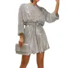 カジュアルドレススパンコール装飾ドレス女性のためのレースアップディテール付きエレガントなソリッドカラースパークリングミニ光沢のある丸いネック