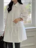 Casual Kleider GkyocQ Koreanische Chic Frühling Frauen Kleid Einfache Elegante Drehen Unten Kragen Hemd Plissee Design Puff Hülse Weibliche