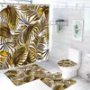 Duschvorhänge 4pcs Set Palmbaumblätter Duschvorhang Goldgrün Pflanze Blatt Bad Vorhang Flanell Anti -Schlupf Bad Toilettenabdeckung Teppich