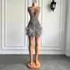 Stunning Sparkly Luxury Diamond Women Birthday Party Cocktail Gowns Sexy Sheer Pink Feather Mini Short Prom Dresses 240117