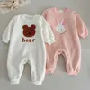 Rompers pullover pasgeboren peuter peuter lange mouw warme pluche romper plus fluweel dikke babyjongen schattige beren jumpsuit meisje kleren 0-24m h240508