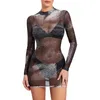 Casual Dresses Women Mini Bodycon Dress Glitter Print Mock Neck Long Sleeve Mesh Sheer Spring Fall Fashion Party Club