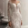 Mermaid Wedding Elegant Dress O-neck Long Sleeves Lace Appliques Floor Length Bridal Gown Illusion Vestidos De Novia