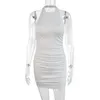 Vestidos casuais bangniweigou camadas duplas sem costas curto branco vestido apertado mulheres slant ombro plissado halter noite festa mini robe bonito