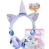 ヘッドフォンワイヤレスヘッドフォンBluetooth Cartoon Unicorn KidsヘッドセットRGB LED MICROPHONE GIRLS GAMER CHILDER WIRED EARPHONEギフト