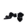 Sandalen Süße spitze Zehen Lady Furry Celebrity Lederpantoffeln Chunky Mid Heel Bow Decor High Heels Designer Party Prom