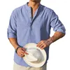 Мужские повседневные рубашки в стиле ретро, полосатые топы без воротника для мужчин, свободная футболка на пуговицах в стиле хиппи, воротник-стойка, изысканная мода