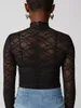 여자 T 셔츠 여자 메쉬 긴 소매 레이어링 탑 Y2K 꽃 레이스 모의 목 셔츠 자수 티 블라우스를 통해 보는
