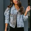 Autumn and Winter Denim Jacket for Women Long Sleeves Leopard Print Slim Coats 240117