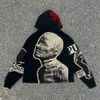 Erkek Hoodies Sweatshirtler Dış giyim Harajuku Günlük Gotik Kapşonlu Kafatası Baskı Hoodie Erkekler Retro Elastik Uzun Kollu Gevşek Ceket Sweatshirt Y2K Streetweayolq