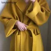 Top Maxmaras Kaschmirmantel Frauen Wickelmäntel Korean Herbst und Wintertemperament Ingwer gelbe Flip -Kragen Tasche Tasche Taille Lose Woll für Frauen