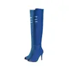Kadın Botlar Bahar Uyluk Yüksek Denim Boot Topuk Ayakkabı Peep Toe Tassel Jean Ladies 240117