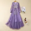 2024 Spring Purple Floral Embroidery Beaded Dress Long Sleeve V-Neck Belted Long Maxi Casual Dresses S4J160110 Plus Size XXL