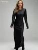 Robes décontractées Clacive Mode Slim Noir Satin Robe Femme 2024 Élégant O-Cou Manches Longues Longueur Cheville Classique Femme